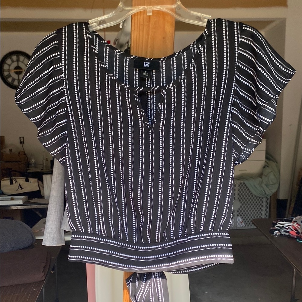 Iz Byer Blue and White Flutter Sleeve Blouse with Tie Front